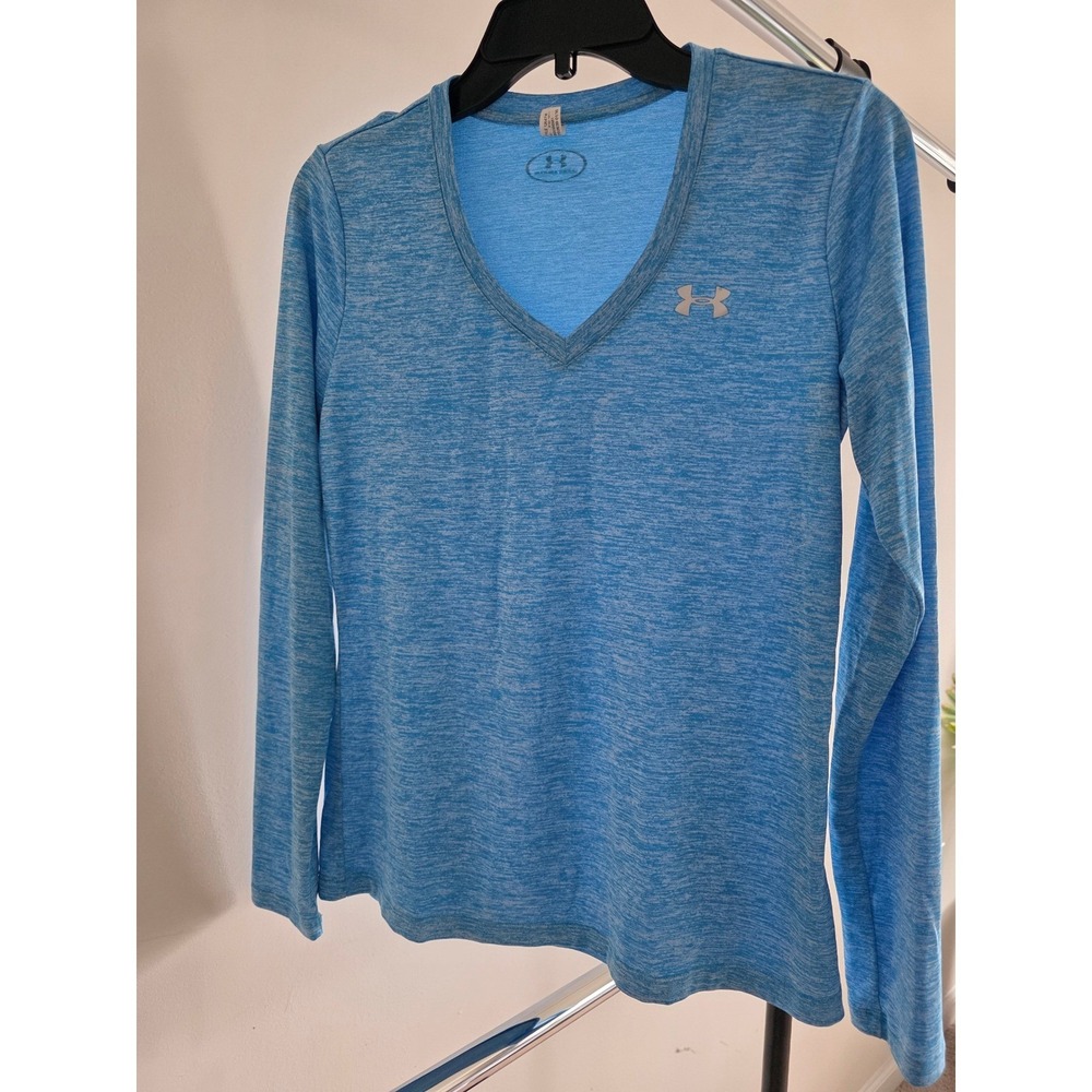 Womens sz S Under Armour Blue Space Dye V-Neck Long Sleeve Training Shirt Spring